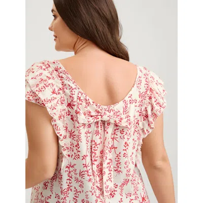 Bloomchic Women's Plus Size Sweet Floral Bow Back Flutter Blouse Brightred Elegant Cap Sleeve Square Neck 10/m