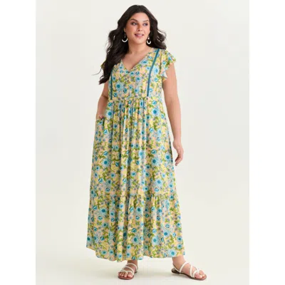 Bloomchic Women's Plus Size Sweet Floral Lace Trim Tiered Maxi Dress Lightblue Floral Vacation Ruched 12/l In Blue