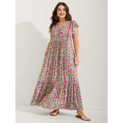 Bloomchic Women's Plus Size Sweet Floral Lace Trim Tiered Maxi Dress Multicolor Floral Vacation Ruched 10/m