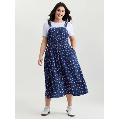 Bloomchic Women's Plus Size Sweet Floral Print Adjustable Midi Overall Dress Darkblue Floral Midi Casual 28/5x In Blue