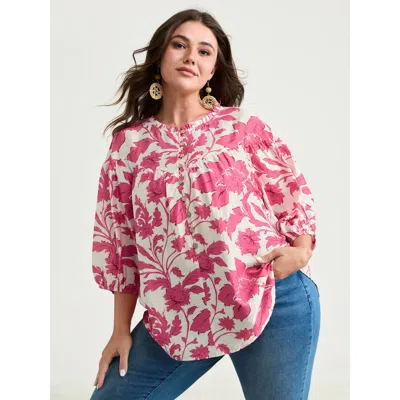 Bloomchic Women's Plus Size Sweet Floral Print Button Front Blouse Ivory Ditsy Floral Vacation Half Sleeve 10/ In White