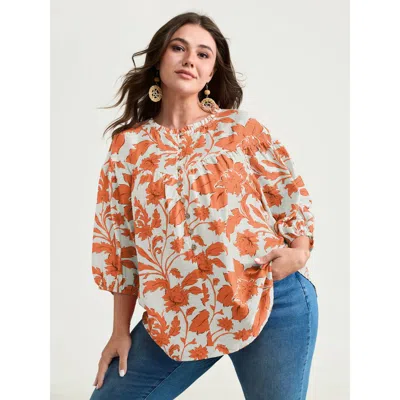 Bloomchic Women's Plus Size Sweet Floral Print Button Front Blouse Orangered Ditsy Floral Vacation Half Sleeve
