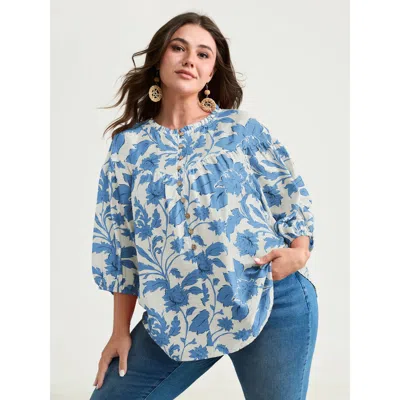 Bloomchic Women's Plus Size Sweet Floral Print Button Front Blouse Skyblue Ditsy Floral Vacation Half Sleeve 1 In Blue
