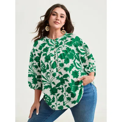 Bloomchic Women's Plus Size Sweet Floral Print Button Front Blouse Truegreen Ditsy Floral Vacation Half Sleeve
