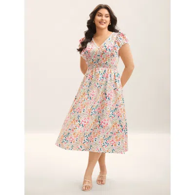 Bloomchic Women's Plus Size Sweet Floral Print Lace Neck Midi Dress Lightpink Ditsy Floral Midi Elegant Ruffle