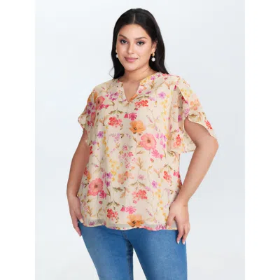 Bloomchic Women's Plus Size Sweet Floral Print Petal Sleeve Blouse Apricot Ditsy Floral Elegant Short Sleeve 1 In Orange