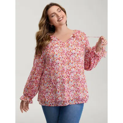 Bloomchic Women's Plus Size Sweet Floral Print Ruffled Neck Blouse Ivory Ditsy Floral Elegant Long Sleeve 14-1 In White