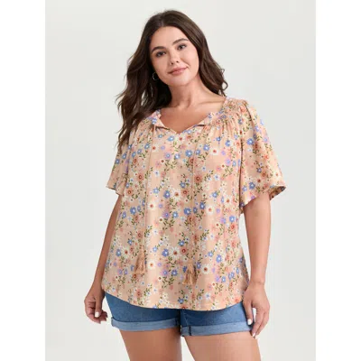 Bloomchic Women's Plus Size Sweet Floral Print Shirred Drawstring Neckline Top Nudepink Short Sleeve Casual 10