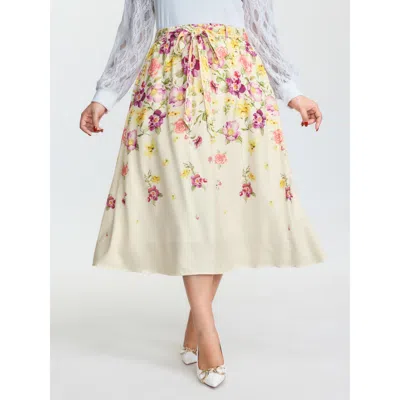 Bloomchic Women's Plus Size Sweet Floral Print Stretchy Waist Midi Skirt Ivory Lace-up A-line Elegant 22-24/3x In White