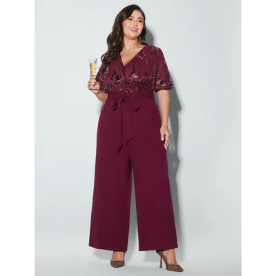 Bloomchic Women's Plus Size Sweet Floral Print Waist-tie Jumpsuit Burgundy Party 30/6x