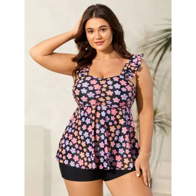 Bloomchic Women's Plus Size Sweet Floral Print Wide Strap Swim Top Black Ditsy Floral Sleeveless Ruched Adapti