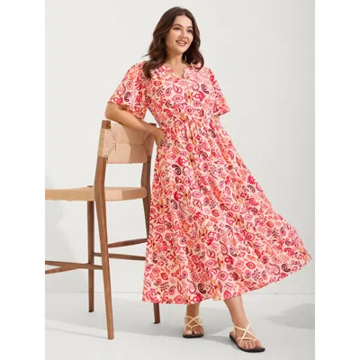 Bloomchic Women's Plus Size Sweet Florals Notched Collar Maxi Dress Orangered Tropical Maxi Vacation Ruched 10