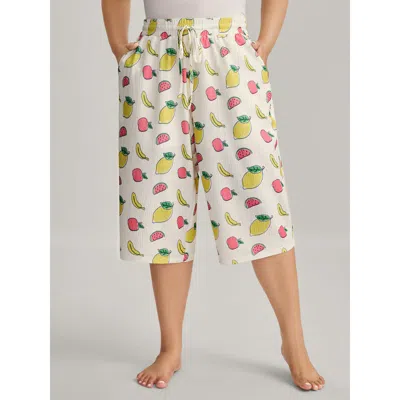 Bloomchic Women's Plus Size Sweet Fruit Print Wide-leg Pajama Pants Ivory Fruit And Vegetable Print Capri 12/l In White