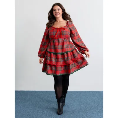 Bloomchic Women's Plus Size Sweet Holidays Ribbon Tiered Knee Dress Scarlet Plaid Midi Elegant Bowknot 10/m In Red