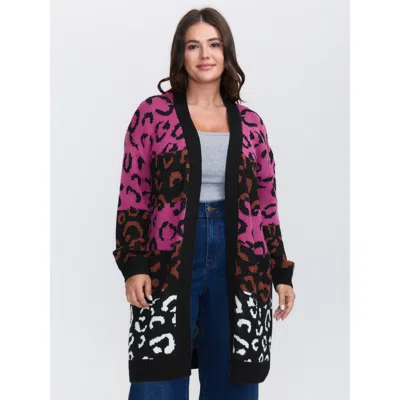 Bloomchic Women's Plus Size Sweet Leopard Print Jacquard Knit Cardigan Black Long Sleeve 10/m