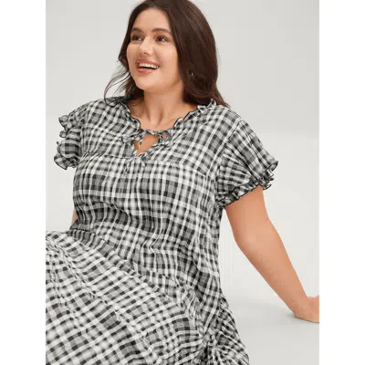 Bloomchic Women's Plus Size Sweet Plaid Pattern Pockets Mini Dress Black Plaid Midi Casual Ruffles 12/l