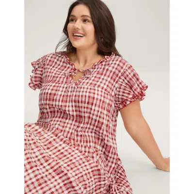 Bloomchic Women's Plus Size Sweet Plaid Pattern Pockets Mini Dress Brightred Plaid Midi Casual Ruffles 10/m