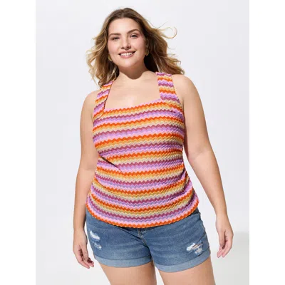 Bloomchic Women's Plus Size Sweet Striped Print Wide Strap Tank Top Amber Vacation Fitted Sheath Square Neck 1 In Orange