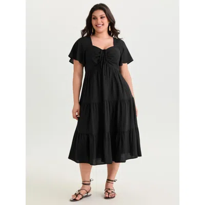 Bloomchic Women's Plus Size Sweetheart Drawstring Pocket Tiered Dress Black Solid Midi Elegant 10/m