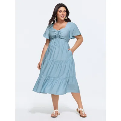 Bloomchic Women's Plus Size Sweetheart Drawstring Pocket Tiered Dress Lightblue Solid Midi Elegant 10/m In Blue