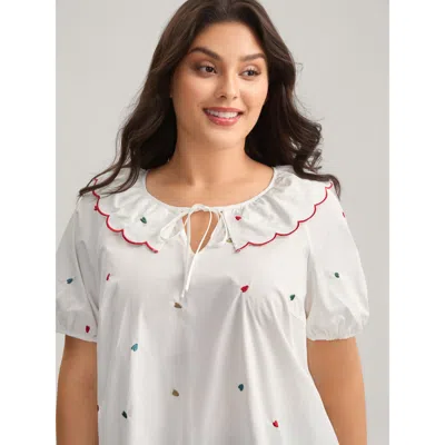 Bloomchic Women's Plus Size Sweetheart Embroidery Doll Collar Blouse Originalwhite Non Casual Short Sleeve 18-