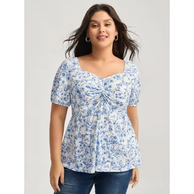 Bloomchic Women's Plus Size Sweetheart Gathered Bodice Floral Top Mediumblue Short Sleeve Elegant Sweetheart N