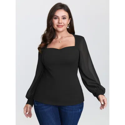 Bloomchic Women's Plus Size Sweetheart Neckline Cinched Waist Blouse Black Solid Elegant Long Sleeve Sweethear