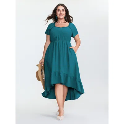 Bloomchic Women's Plus Size Sweetheart Neckline High Low Hem Midi Dress Aegean Synthetic Texture Midi Vacation In Blue