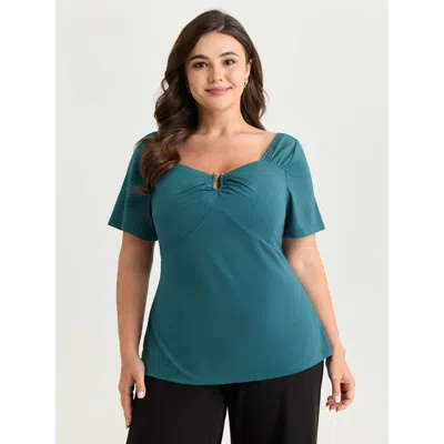 Bloomchic Women's Plus Size Sweetheart Neckline Metal Loop Fitted Knit Top Teal Short Sleeve Elegant Sweethear In Blue
