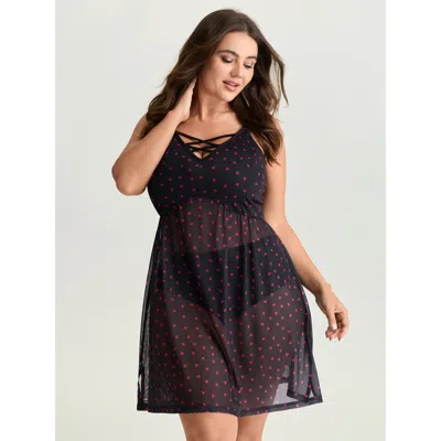 Bloomchic Women's Plus Size Sweetheart Print Sheer Crisscross Neckline Nightgown Black Sleeveless Tunic 22-24/