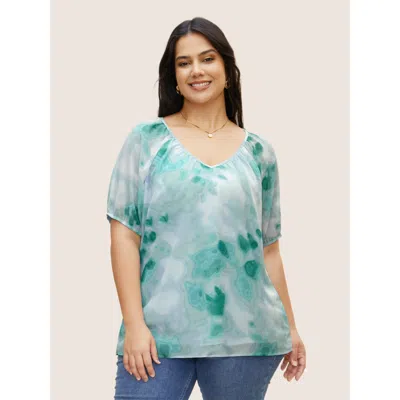 Bloomchic Women's Plus Size Synthetic Texture Raglan Sleeve Gathered Blouse Turquoise Synthetic Texture Everyd In Blue
