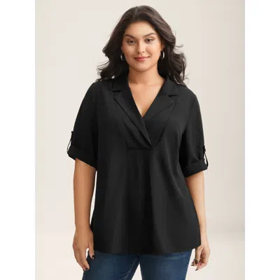Bloomchic Women's Plus Size Tab Sleeve Blazer Collar Blouse Black Solid Office Short Sleeve Notched Lapel 10/m