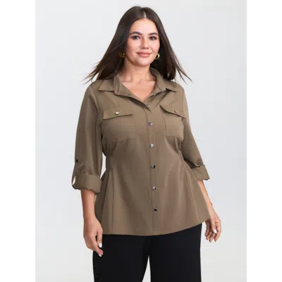 Bloomchic Women's Plus Size Tab Sleeve Shirred Side Waist Blouse Yellowishbrown Non Office Long Sleeve 30/6x