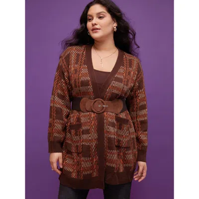 Bloomchic Women's Plus Size Tartan Contrast Pointelle Knit Pocket Open Front Cardigan Darkbrown Long Sleeve 12 In Brown