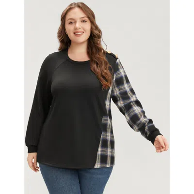 Bloomchic Women's Plus Size Tartan Patchwork Button Detail Round Neck Sweatshirt Black Plaid Dailywear 10/m