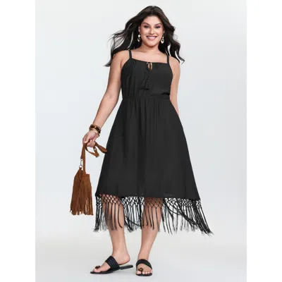 Bloomchic Women's Plus Size Tassel Hem Neck Tie Mini Dress Black Non Knee Vacation 22-24/3x