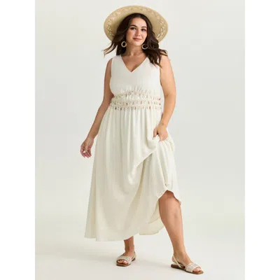 Bloomchic Women's Plus Size Tassels Cinched-waist V-neck Maxi Dress Ivory Maxi Vacation Woven Ribbon&lace Trim In White
