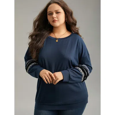 Bloomchic Women's Plus Size Tassels Trim Layered Patchwork Sweatshirt Darkblue Plain Dailywear 14-16/1x In Blue