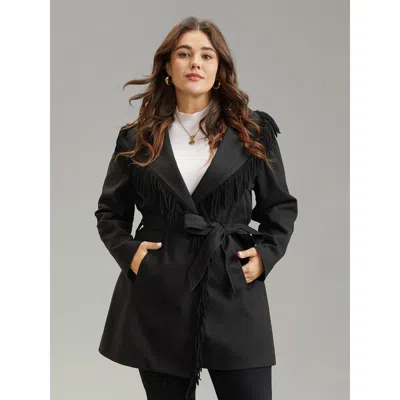 Bloomchic Women's Plus Size Tassels Trim Plain Lapel Collar Belted Coat Black Lined 10/m