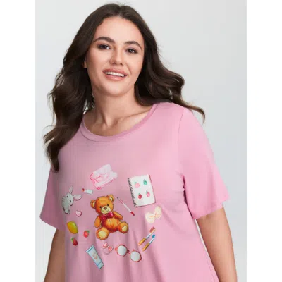 Bloomchic Women's Plus Size Teddy Bear Graphic Print Pajama Top Beanpastepowder Naive Art Short Sleeve Round N