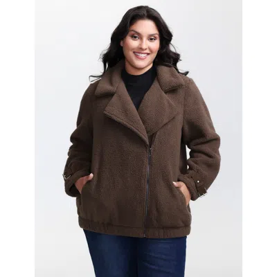 Bloomchic Women's Plus Size Teddy Fleece Pocket Zipper Coat Darkbrown Non H-line 18-20/2x In Brown