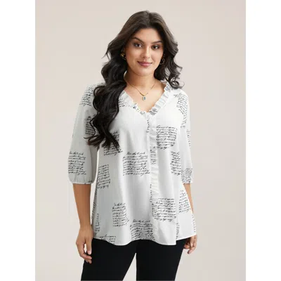 Bloomchic Women's Plus Size Text Pattern Ruffled Lantern Sleeve Blouse Originalwhite Text / Slogan Office 3/4 