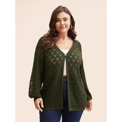 Bloomchic Women's Plus Size Texture Button Up Hollow Out Cardigan Armygreen Three Quarter Length Sleeve 30/6x