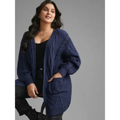 Bloomchic Women's Plus Size Texture Cable Knit Patched Pocket Cardigan Indigo Long Sleeve 12/l In Purple