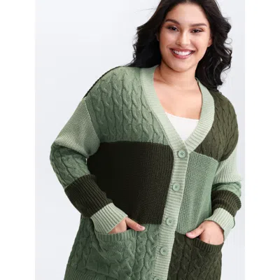Bloomchic Women's Plus Size Texture Colorblock Contrast Knit Cardigan Sage Long Sleeve 22-24/3x In Green