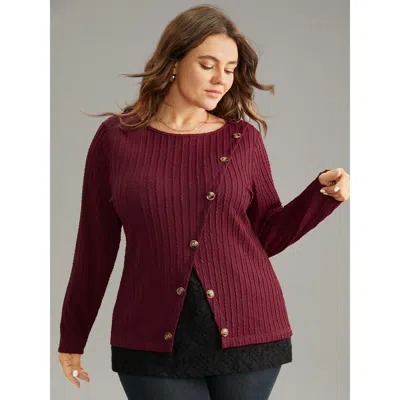 Bloomchic Women's Plus Size Texture Contrast Button Detail Jacquard T-shirt Red Long Sleeve Dailywear 12/l