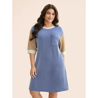 Bloomchic Women's Plus Size Texture Contrast Patchwork Patched Pocket Dress Bluepurple Everyday Short Texture  In Purple