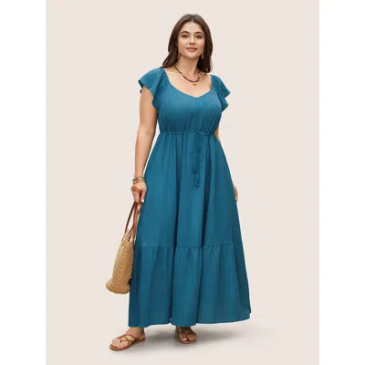 Bloomchic Women's Plus Size Texture Drawstring Tie Knot Tassels Dress Cerulean Solid Maxi Vacation Lace-up 10/ In Blue