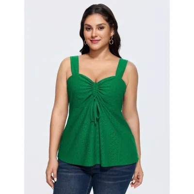 Bloomchic Women's Plus Size Texture Eyelet Sweetheart Neck Drawstring Tank Top Emerald Elegant Fitted Fit & Fl In Green