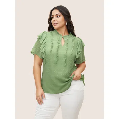 Bloomchic Women's Plus Size Texture Frill Trim Ruffle Sleeve Blouse Mint Synthetic Texture Everyday Short Slee In Green